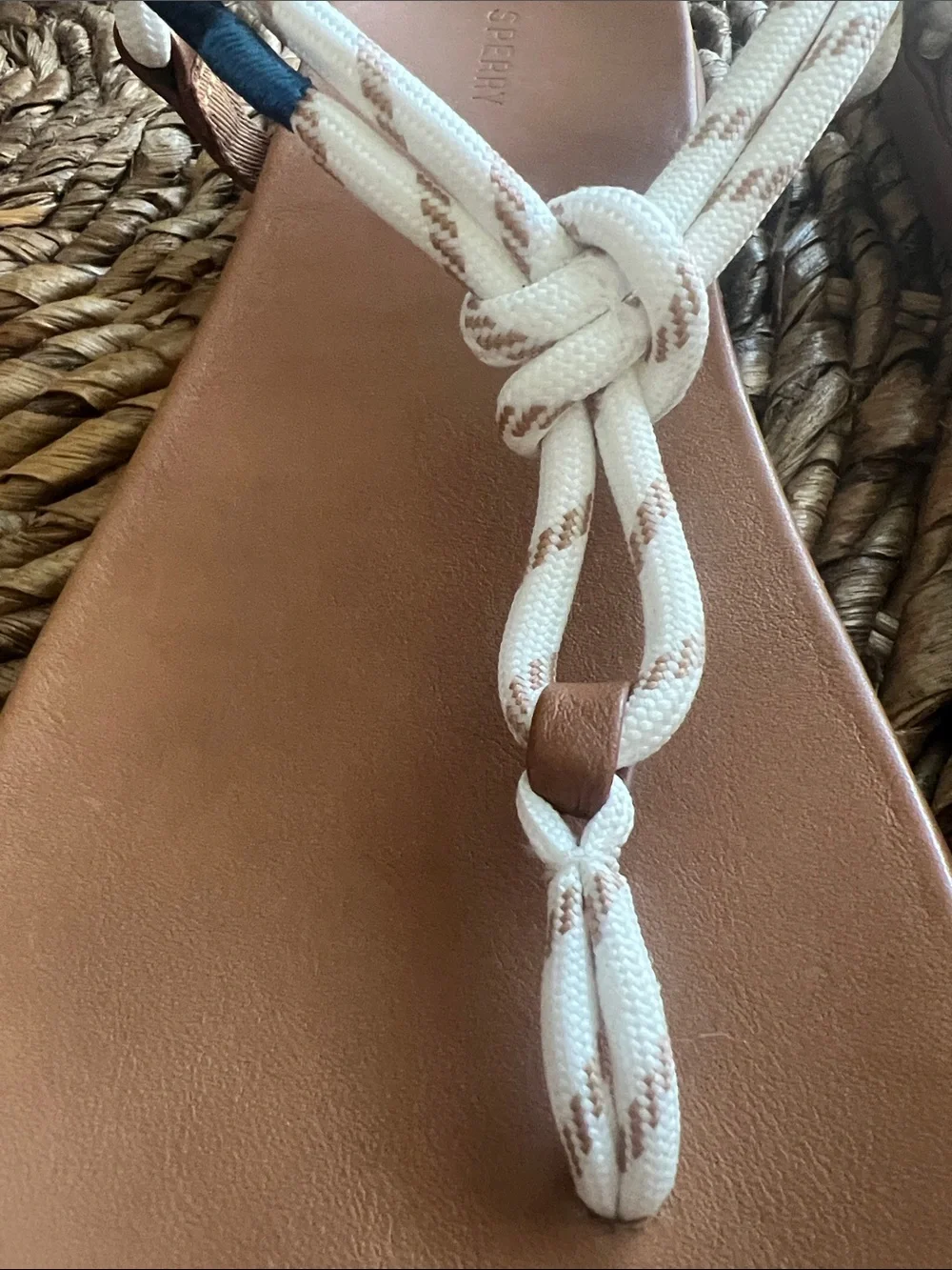 Sperry Tan Footbed Sandals with White Rope T-Strap